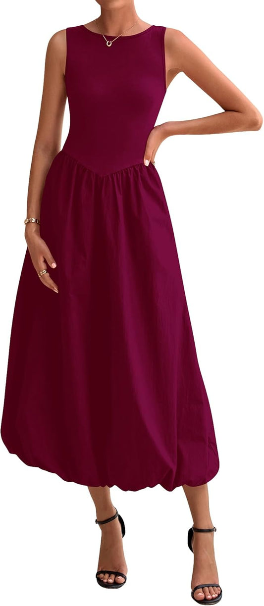 Women's 2026 Summer Casual Sleeveless Midi Dress Patchwork Knit Tank Bubble Long Flowy Beach Maxi Sundress Pockets