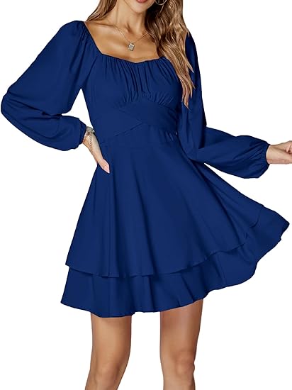 Women's Lantern Long Sleeve Wrap Tie Back Square Neck Double Layer Ruffle Hem A Line Short Mini Dress
