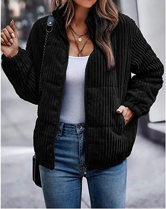 Women's Bomber Jacket, Cord Buffer Jacket with Stand-Up Collar, Short Cut, Down Jacket, Lightweight, Comfortable Puffer Jacket