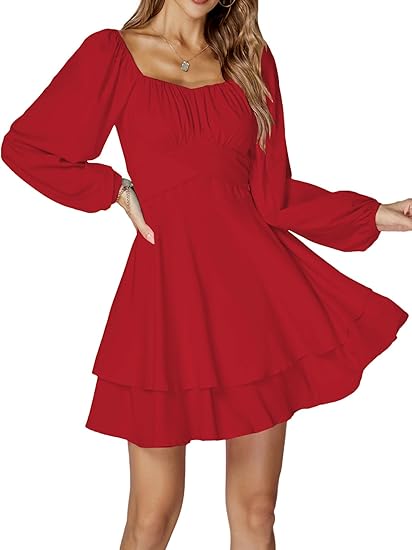Women's Lantern Long Sleeve Wrap Tie Back Square Neck Double Layer Ruffle Hem A Line Short Mini Dress