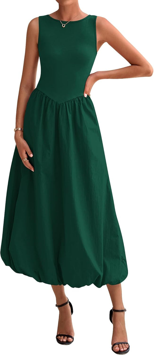 Women's 2026 Summer Casual Sleeveless Midi Dress Patchwork Knit Tank Bubble Long Flowy Beach Maxi Sundress Pockets