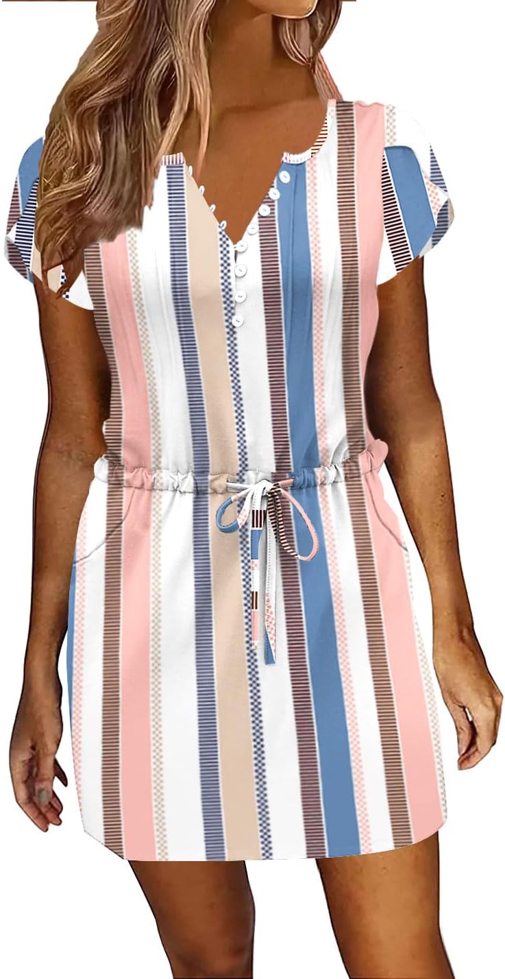 Womens Summer Casual Dresses Short Sleeve Striped Dress Boho Beach Vacation Tie Drawstring Waist Sun Dresses with Pockets