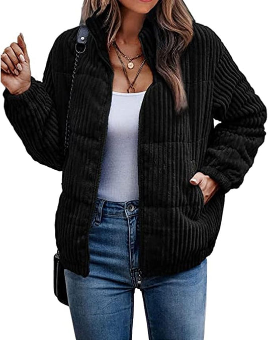 Women's Bomber Jacket, Cord Buffer Jacket with Stand-Up Collar, Short Cut, Down Jacket, Lightweight, Comfortable Puffer Jacket