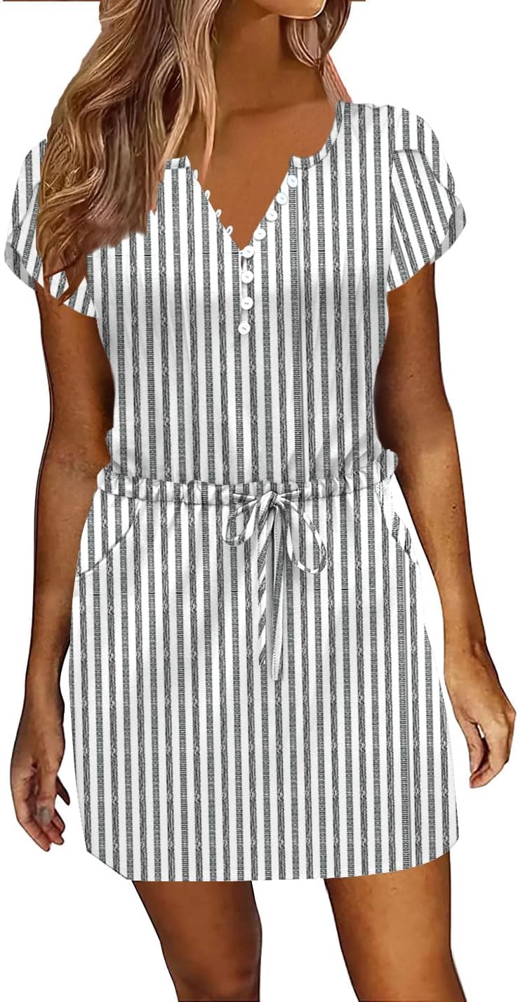 Womens Summer Casual Dresses Short Sleeve Striped Dress Boho Beach Vacation Tie Drawstring Waist Sun Dresses with Pockets